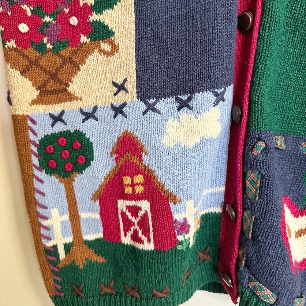Vintage Patchwork Farmhouse Cardigan Sweater Cottagecore Apple Barn Sheep Knit - Picture 4 of 6